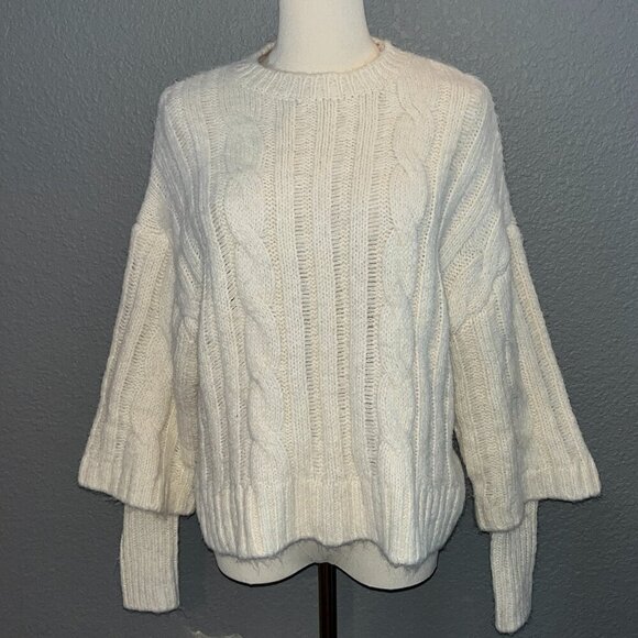 ZARA Layered Double Sleeve Cream Ecru Cable Knit Wool Blend Sweater - EUC -Small - Picture 1 of 9